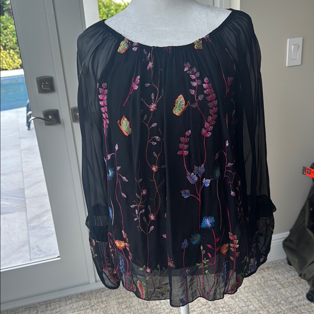 Floral Embroidered Black Sheer Top